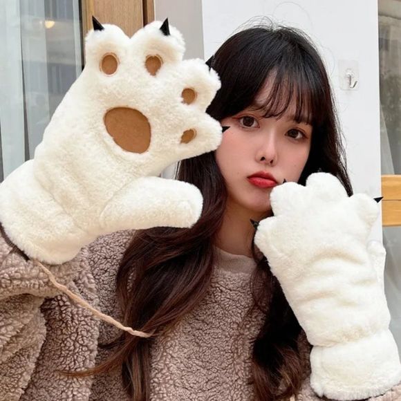 Fuzzy Bear Paws Gloves | Unisex Cat Paw Plush Fleece Mittens Cosplay #789 - Picture 4 of 5